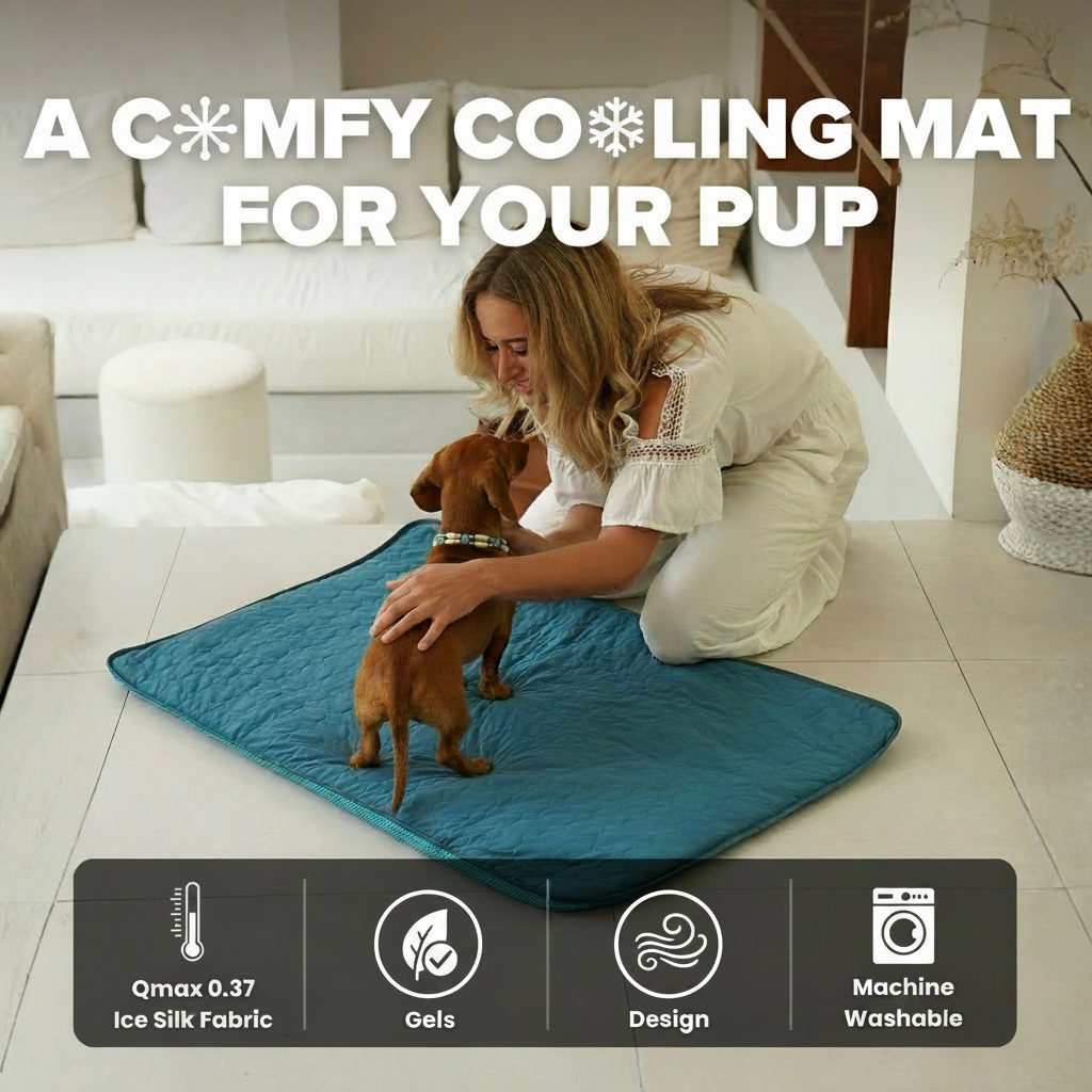A woman kneels on a teal cooling mat while petting a small brown dog in a bright living room. Large text at the top reads 'A COMFY COOLING MAT FOR YOUR PUP,' and a dark feature banner at the bottom lists fabric, no toxic gels, breathable design, and machine washable.